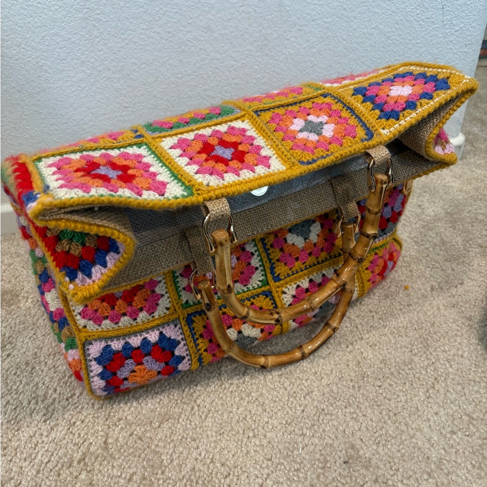Milanesa Crochet Square Tote Bag with Bamboo Handles - Multicolor - Picture 6 of 10